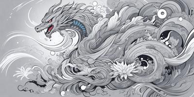 The primary subject of the image is a dragon, which is depicted in a detailed and intricate manner. The dragon is surrounded by a cloudy, swirling background, giving it a sense of motion and power. The visual style of the image is a combination of digital art and illustration, with the dragon being the focal point of the scene. The colors and mood of the image are predominantly dark and dramatic, with the dragon's scales and the cloudy background creating a sense of mystery