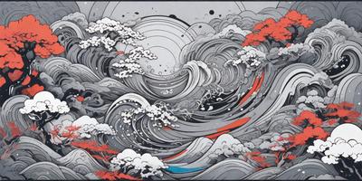 The primary subject of the image is a large wave with a cloudy sky in the background. The wave is depicted in a digital art style, with a combination of red, blue, and gray colors. The setting appears to be a stormy ocean, with the wave crashing and creating a dramatic atmosphere.