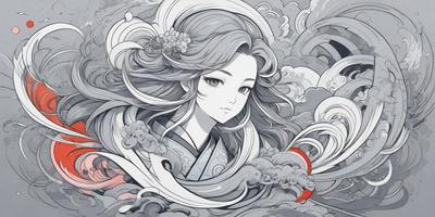 The primary subject of the image is a woman with long hair, wearing a kimono. She is smiling and appears to be the main focus of the scene. The setting is a cloudy sky, which serves as the backdrop for the woman. The visual style of the image is a combination of digital art and illustration, creating a unique and artistic representation of the woman. The colors in the image are predominantly grays and whites, giving the scene a calm and serene atmosphere.