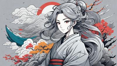 The primary subject of the image is a woman with long hair, wearing a white kimono. She is standing in front of a backdrop featuring a sun and clouds. The visual style of the image is a combination of digital art and illustration, creating a unique and artistic representation of the woman. The colors and mood of the image are predominantly white and gray, giving it a calm and serene atmosphere.