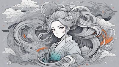 The primary subject of the image is a woman with long hair, wearing a white dress. She is looking at the camera with a serious expression. The setting is a cloudy sky, which serves as the backdrop for the woman's portrait. The visual style is a combination of digital art and illustration, creating a unique and artistic representation of the woman. The colors in the image are predominantly white and gray, giving the portrait a calm and serene atmosphere.