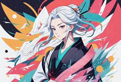 The primary subject of the image is a woman with long hair, dressed in a black and white kimono. She is holding a sword in her hand, and her hair is styled in a bun. The setting is a colorful background, which adds a vibrant and lively atmosphere to the scene. The visual style of the image is a combination of digital art and illustration, creating a unique and eye-catching representation of the woman. The colors and mood of the image are predominantly black, white,