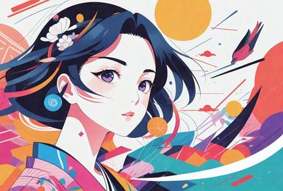 The primary subject of the image is a woman with long black hair, wearing a black and white dress. She is the main focus of the image. The setting is a colorful and vibrant background, which adds to the overall atmosphere of the image. The visual style is a combination of digital art and illustration, creating a unique and eye-catching design. The colors and mood of the image are lively and energetic, with a mix of bright and bold colors that create a sense of excitement and movement.