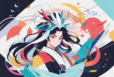 The primary subject of the image is a woman with long black hair, wearing a colorful dress and a headdress. She is standing in front of a colorful background, which includes a kite and a bird. The visual style of the image is a combination of digital art and illustration, creating a vibrant and lively atmosphere. The colors and mood of the image are predominantly bright and cheerful, with the woman's outfit and the background elements contributing to the overall positive and energetic v