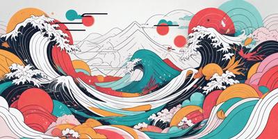 The primary subject of the image is a large wave with a mountain in the background. The setting is a colorful, artistic representation of the ocean, with a mountain range and a sun in the sky. The visual style is a combination of digital art and illustration, creating a vibrant and dynamic scene. The colors and mood are lively and energetic, with a focus on the blue and orange hues.