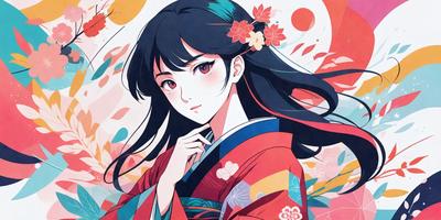 The primary subject of the image is a woman wearing a kimono, a traditional Japanese garment. She is posing for the camera, with her hands placed on her cheeks. The setting is a colorful and vibrant background, which adds to the overall atmosphere of the image. The visual style is a combination of digital art and illustration, creating a unique and eye-catching portrait. The colors in the image are predominantly pink, red, and yellow, which contribute to the cheerful and lively