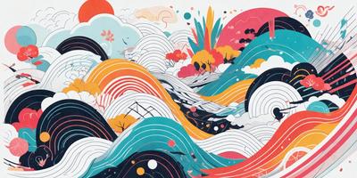 The image is a colorful and vibrant illustration of a mountainous landscape. The primary subject is a mountain range with trees and clouds surrounding it. The setting is a lush, colorful environment with a variety of trees and flowers. The visual style is a combination of digital art and illustration, creating a dynamic and engaging scene. The colors and mood are bright, lively, and full of energy, reflecting the beauty and excitement of the mountainous landscape.