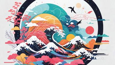 The primary subject of the image is a large wave with a sunset in the background. The wave is depicted in a colorful and vibrant manner, with a mix of blue, orange, and pink hues. The setting is a beach, and the visual style is a combination of digital art and illustration. The overall atmosphere is lively and energetic, with the sunset adding a sense of warmth and tranquility to the scene.