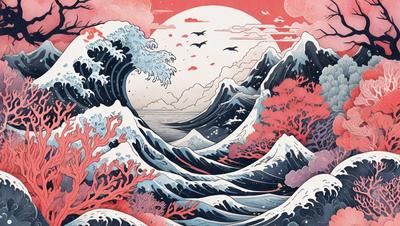 The primary subject of the image is a large wave with a mountain in the background. The setting is a body of water, and the visual style is a combination of digital art and illustration. The dominant colors are blue and red, creating a vibrant and dynamic atmosphere.