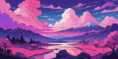 The primary subject of the image is a beautiful mountain range with clouds surrounding it. The setting is a serene landscape with a body of water, possibly a lake, in the foreground. The visual style is a combination of digital art and illustration, creating a vibrant and captivating scene. The dominant colors are pink and purple, giving the image a warm and dreamy atmosphere.