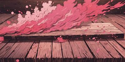 The primary subject of the image is a pink cloud of smoke or mist, which is floating above a wooden surface. The setting appears to be a wooden deck or platform, with the cloud hovering above it. The visual style of the image is a combination of digital art and illustration, creating a unique and artistic representation of the pink cloud. The dominant colors in the image are pink and brown, giving it a warm and inviting atmosphere.