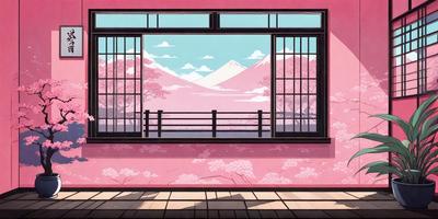 The primary subject of the image is a window with a view of a mountain. The setting is a room with a pink wall, and the visual style is a combination of digital art and illustration. The colors and mood of the image are predominantly pink, creating a warm and inviting atmosphere.