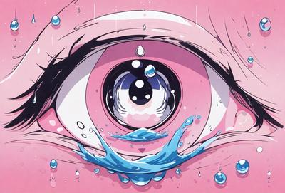 The primary subject of the image is a close-up of a person's eye, with water droplets surrounding it. The setting is a pink background, and the visual style is a digital art or illustration. The colors are predominantly pink and blue, creating a warm and soothing atmosphere.