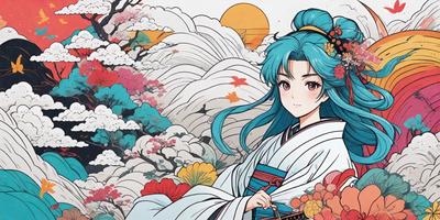 The primary subject of the image is a woman with long blue hair, wearing a white kimono and holding a flower. She is sitting on a bed of flowers, surrounded by a beautiful and colorful floral arrangement. The setting appears to be a peaceful and serene environment, possibly a garden or a room with a flower theme. The visual style of the image is a combination of digital art and illustration, creating a vibrant and lively atmosphere. The colors and mood of the image are predominantly warm and