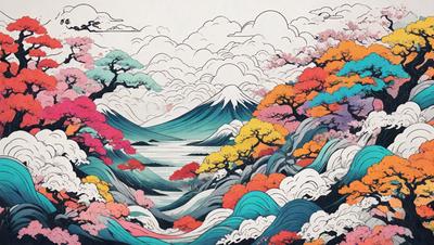 The primary subject of the image is a beautifully drawn mountain with a waterfall, surrounded by a lush forest filled with trees. The setting is a serene landscape with a cloudy sky, creating a peaceful atmosphere. The visual style is a combination of digital art and illustration, showcasing intricate details and vibrant colors. The dominant colors include shades of blue, green, and orange, which contribute to the overall mood of the scene.