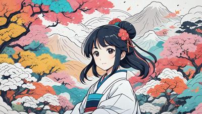 The primary subject of the image is a woman wearing a white dress, with a red flower in her hair. She is standing in front of a mountainous background, which adds to the overall atmosphere of the scene. The visual style of the image is a combination of digital art and illustration, creating a vibrant and detailed representation of the woman. The colors in the image are predominantly white and red, with the mountainous background providing a contrasting backdrop.