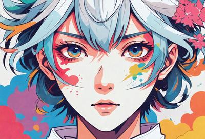 The primary subject of the image is a woman with blue hair, who is the main focus of the image. She is wearing a white shirt and has a colorful background, which adds to the overall atmosphere of the image. The visual style of the image is a combination of digital art and illustration, creating a unique and vibrant appearance. The colors and mood of the image are lively and energetic, with the woman's blue hair and the colorful background contributing to the overall vibrancy of