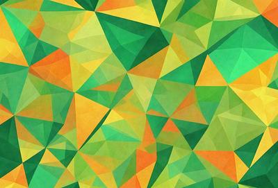 The primary subject of the image is a colorful, geometric pattern featuring green, yellow, and orange colors. The setting is a green background, which provides a contrasting and complementary color to the pattern. The visual style of the image is a combination of digital art and illustration, creating a vibrant and lively atmosphere. The dominant colors in the image are green, yellow, and orange, which contribute to a cheerful and energetic mood.