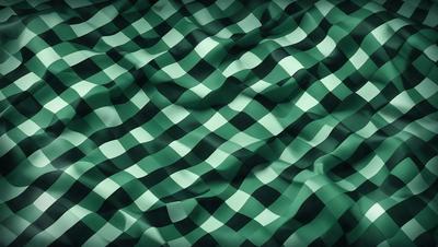 The primary subject of the image is a green and black checkered pattern. The setting is a black and green background, which creates a visually striking contrast with the pattern. The visual style is a digital art or illustration, as the pattern appears to be a part of a larger design. The colors and mood of the image are predominantly dark and moody, with the green and black checkered pattern adding a sense of depth and complexity to the overall composition.