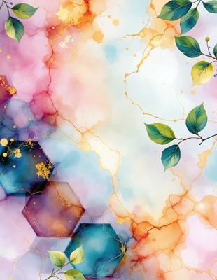 The primary subject of the image is a painting featuring a leafy tree with gold accents. The setting is a white background, and the visual style is a combination of digital art and illustration. The dominant colors are gold, purple, and blue, creating a warm and inviting atmosphere.