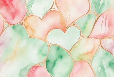 The primary subject of the image is a heart-shaped design, which is a part of a larger pattern. The setting is a colorful background, and the visual style is a combination of digital art and illustration. The dominant colors in the image are pink, green, and orange, creating a warm and vibrant atmosphere.