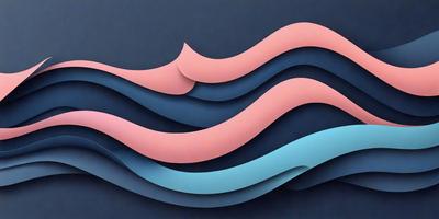 The primary subject of the image is a large, colorful wave made of paper. The wave is blue, pink, and purple, creating a vibrant and eye-catching display. The setting is a dark blue background, which contrasts with the bright colors of the wave. The visual style is a combination of digital art and illustration, as the wave is created using paper and appears to be a three-dimensional representation. The overall atmosphere is lively and energetic, as the wave seems to be in motion and