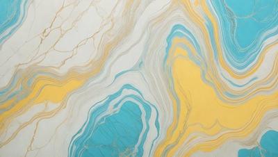 The primary subject of the image is a blue and yellow marbled wallpaper with a swirling pattern. The setting is a room with a yellow background, which adds a contrasting color to the scene. The visual style is a close-up of the wallpaper, showcasing its intricate design. The dominant colors are blue and yellow, creating a warm and inviting atmosphere.