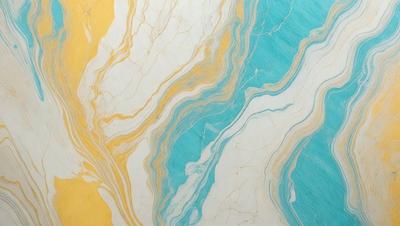 The primary subject of the image is a blue and yellow marbled wallpaper. The setting is a room with a blue and yellow marbled wallpapered wall. The visual style is a patterned wallpaper, and the colors and mood are vibrant and lively.