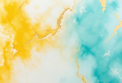 The primary subject of the image is a painting featuring a yellow, blue, and white color scheme. The painting is set against a white background, giving it a clean and minimalist appearance. The visual style of the painting is a mix of digital art and illustration, creating a unique and artistic representation of the colors and patterns. The dominant colors in the painting are yellow, blue, and white, which together create a vibrant and lively atmosphere.