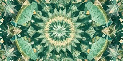 The primary subject of the image is a large, intricate, and colorful design, which appears to be a pattern or a digital artwork. The setting or background features a green and yellow color scheme, creating a vibrant and lively atmosphere. The visual style of the image is a combination of photo, digital art, and illustration, showcasing the detailed and artistic elements of the design. The colors and mood of the image are lively and energetic, with the green and yellow hues evoking a