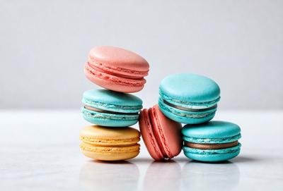 The image features a stack of five macaroon cookies, each with a different color. The cookies are arranged in a pyramid shape, with the top cookie being pink, the middle cookie being blue, and the bottom cookie being yellow. The cookies are placed on a white surface, which serves as the background for the image. The visual style of the image is a close-up of the stacked cookies, showcasing their vibrant colors and unique shapes.