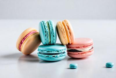 The primary subject of the image is a close-up of four macaroon cookies stacked on top of each other. The cookies are colorful and have a variety of flavors. The setting is a white surface, which provides a clean and simple backdrop for the cookies. The visual style of the image is a close-up, focusing on the details of the cookies. The colors and mood of the image are vibrant and cheerful, with the macaroons being the main focus of the scene.
