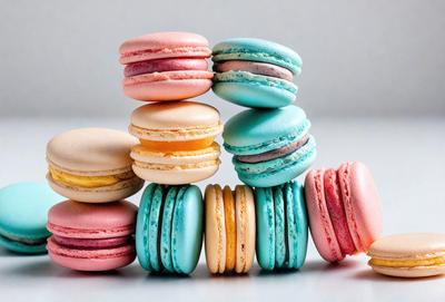 The primary subject of the image is a stack of macaroon cookies. The cookies are arranged in a visually appealing manner, with various colors and flavors. The setting is a white surface, which provides a clean and neutral backdrop for the cookies. The visual style of the image is a close-up of the stacked cookies, showcasing their details and textures. The colors and mood of the image are vibrant and cheerful, as the macaroon cookies come in a variety of colors and flavors