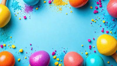 The primary subject of the image is a collection of colorful eggs, which are scattered across a blue background. The eggs come in various colors, including pink, yellow, blue, and orange. The setting appears to be a playful and creative environment, possibly a children's room or a display of artistic eggs. The visual style of the image is a combination of photo and digital art, as the eggs are arranged in a visually appealing manner. The overall atmosphere of the image is cheerful and vibrant, with