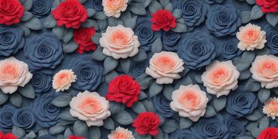 The primary subject of the image is a close-up of a bouquet of fake flowers, predominantly red and pink, with some blue accents. The flowers are arranged in a pattern, creating a visually appealing display. The setting is a blue background, which complements the vibrant colors of the flowers. The visual style is a combination of digital art and illustration, giving the image a unique and artistic appearance. The overall atmosphere is cheerful and lively, with the bright colors and intricate arrangement of