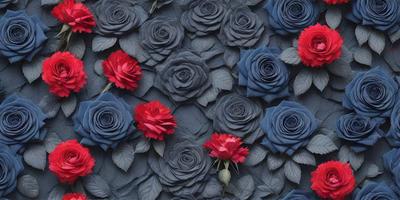 The primary subject of the image is a large group of red and blue roses. The setting is a blue background, which creates a striking contrast with the red and blue flowers. The visual style is a close-up of the flowers, showcasing their details and colors. The overall atmosphere is vibrant and lively, with the red and blue flowers standing out against the blue background.