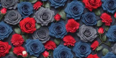 The primary subject of the image is a bouquet of blue and red roses. The setting is a dark background, which contrasts with the vibrant colors of the roses. The visual style is a close-up of the roses, showcasing their details and textures. The dominant colors are blue and red, creating a striking and eye-catching display.