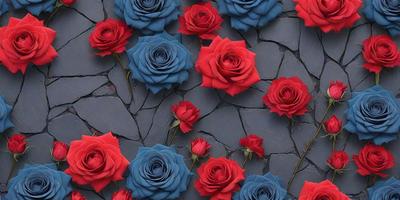 The primary subject of the image is a group of red and blue roses. They are arranged in a visually appealing manner, with some of the roses being blue and others being red. The setting is a rocky surface, which adds an interesting texture to the scene. The visual style of the image is a combination of photo and digital art, creating a unique and eye-catching display. The dominant colors of the image are red and blue, which evoke a sense of warmth and vibrancy.