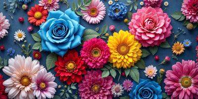 The primary subject of the image is a bouquet of colorful flowers, including red, pink, yellow, and blue. The flowers are arranged in a visually appealing manner, creating a vibrant and lively scene. The setting is a blue background, which provides a contrasting and complementary color to the flowers. The visual style of the image is a close-up of the flowers, showcasing their details and beauty. The colors and mood of the image are predominantly warm and cheerful, with the