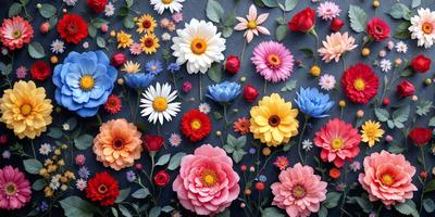 The primary subject of the image is a close-up of a variety of flowers, including pink, yellow, and red ones. The flowers are arranged in a visually appealing manner, creating a vibrant and colorful display. The setting is a blue background, which provides a contrasting and complementary color to the flowers. The visual style of the image is a close-up, focusing on the details and beauty of the flowers. The colors and mood of the image are predominantly warm and cheerful, with