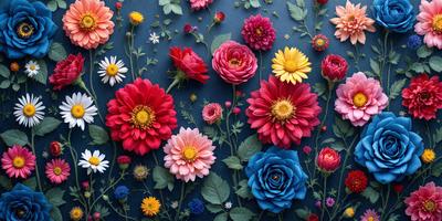 The primary subject of the image is a large bouquet of colorful flowers, including red, pink, yellow, and blue, arranged in a visually appealing manner. The flowers are displayed against a blue background, which adds a sense of depth and contrast to the scene. The visual style of the image is a combination of photo and digital art, creating a vibrant and lively atmosphere. The dominant colors in the image are red, pink, yellow, and blue, which contribute to the overall mood of the scene,