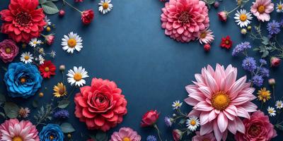 The primary subject of the image is a bouquet of flowers, which are the main objects in the scene. The flowers are arranged in a visually appealing manner, creating a sense of beauty and harmony. The setting is a blue background, which provides a contrasting and complementary color to the flowers. The visual style of the image is a combination of photo and digital art, resulting in a realistic yet artistic representation of the flowers. The colors and mood of the image are predominantly pink and red, which are