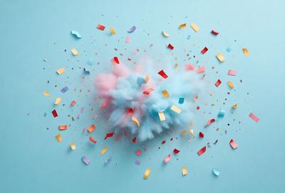 The primary subject of the image is a heart-shaped cloud made of smoke or powder, which is floating in the air. The setting is a blue background, and the visual style appears to be a combination of a photo and digital art. The heart-shaped cloud is the main focus of the image, and its colors and mood are predominantly pink and blue.