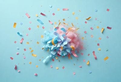 The primary subject of the image is a colorful, decorative arrangement of paper, possibly a paper flower or a paper sculpture. The setting is a blue surface, which serves as a backdrop for the paper decoration. The visual style of the image is a combination of photo and digital art, as it appears to be a close-up of the paper decoration, yet it has a digital art-like quality. The colors and mood of the image are vibrant and lively, with the blue surface complementing the bright