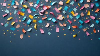 The primary subject of the image is a colorful, swirling pattern of confetti, which is set against a dark blue background. The visual style of the image is a combination of photo and digital art, creating a vibrant and lively atmosphere. The dominant colors in the image are blue, pink, yellow, and orange, which contribute to the overall mood of the scene.