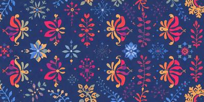 The primary subject of the image is a blue and orange floral pattern. The setting is a blue background, and the visual style appears to be a combination of digital art and illustration. The dominant colors are blue and orange, creating a vibrant and lively atmosphere.