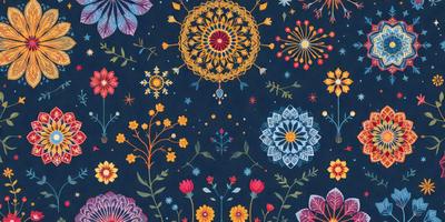 The primary subject of the image is a beautifully designed blue and yellow floral pattern. The setting is a blue background, and the visual style is a combination of digital art and illustration. The colors and mood of the image are vibrant and lively, with the blue and yellow flowers creating a cheerful atmosphere.