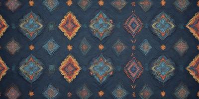 The primary subject of the image is a blue and orange quilt with a pattern of diamond shapes. The setting is a blue background, and the visual style appears to be a combination of a photo and a digital art or illustration. The colors and mood of the image are vibrant and lively, with the blue and orange diamond shapes creating a visually appealing pattern.