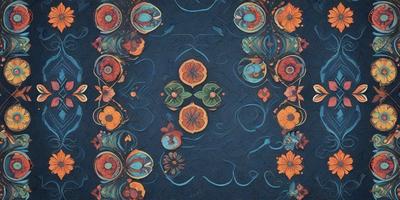 The primary subject of the image is a blue and orange painting featuring a flower design. The setting is a blue background, and the visual style appears to be a combination of digital art and illustration. The dominant colors in the painting are blue and orange, creating a vibrant and lively atmosphere.