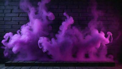 The primary subject of the image is a purple smoke or fog, which is billowing and filling the scene. The setting is a brick wall, which serves as the backdrop for the smoke. The visual style of the image is a combination of photo and digital art, creating a unique and captivating atmosphere. The dominant colors in the image are purple and pink, giving the scene a moody and mysterious vibe.